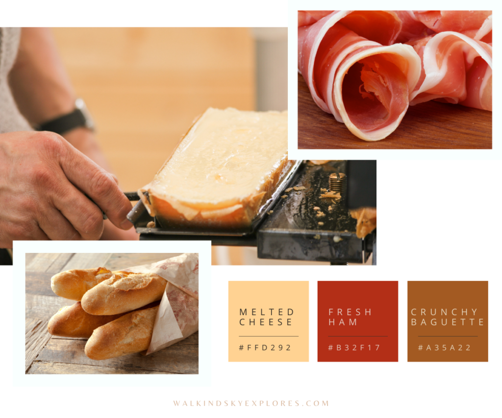 The best sandwich in Paris is located on the very top of Montmartre in the bakery Grenouilles. Picture shows melted cheese, fresh prosciutto and baked baguettes, as well as a color pallet of dominant colors.