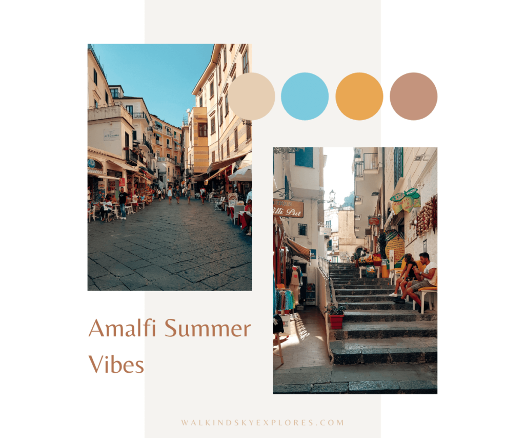 A collage of two photos showing Amalfi's main street that goes from Piazza Duomo towards hills, and a side street with shops.
